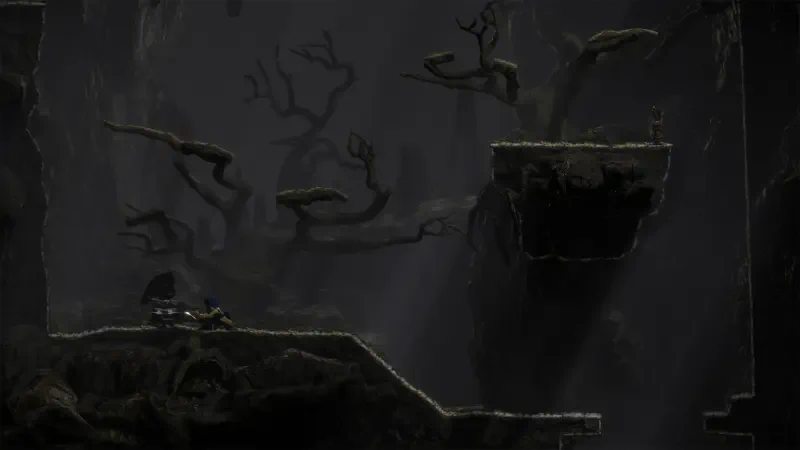 A dark, atmospheric scene from the video game Jump King Quest, featuring twisted trees and rocky cliffs, capturing the challenge and intrigue of the game's setting.