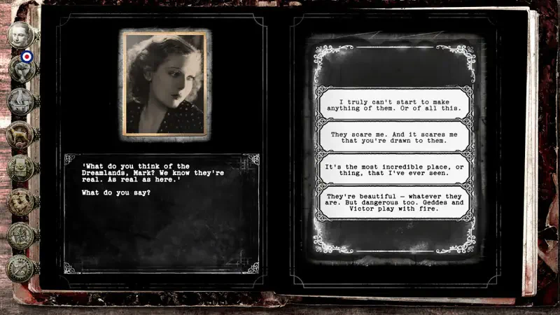 A dark and atmospheric screenshot from the video game HPL: Nyarlathotep Rising, featuring a haunting portrait and cryptic dialogue that deepens the mystery.