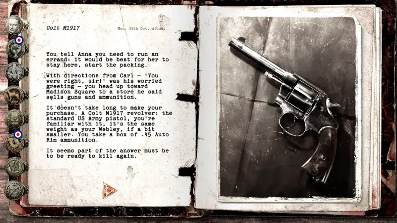 A digital page from the game HPL: Nyarlathotep Rising, featuring a revolver on one side and text describing the scene and instructions on the other.