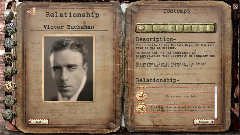 In the video game HPL: Nyarlathotep Rising, a character profile displays an image of Victor Buchanan, detailing his relationships and connections within the storyline.