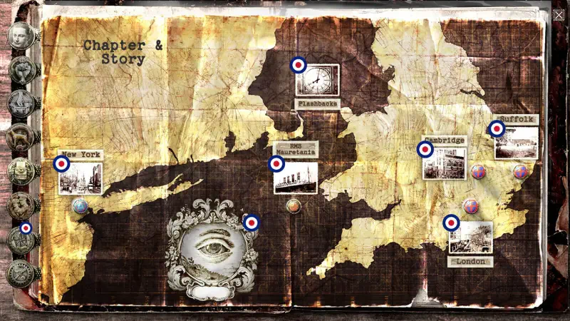 A weathered map from the video game HPL: Nyarlathotep Rising, featuring marked locations such as New York and a central design with an eye symbol, hinting at a mysterious narrative.