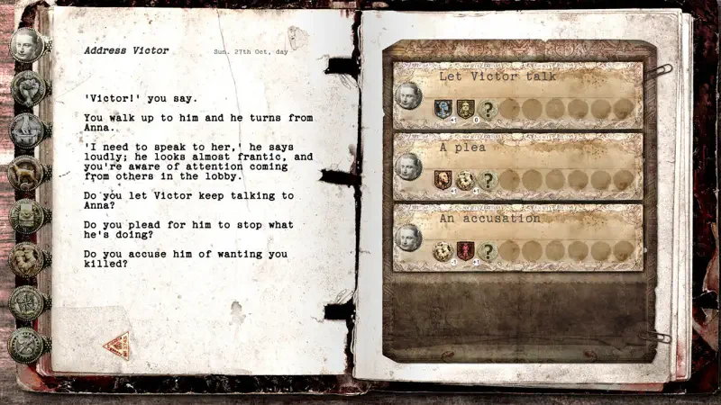 An interactive scene from the video game HPL: Nyarlathotep Rising, featuring dialogue choices involving a character named Victor and decision-making elements displayed on the right.