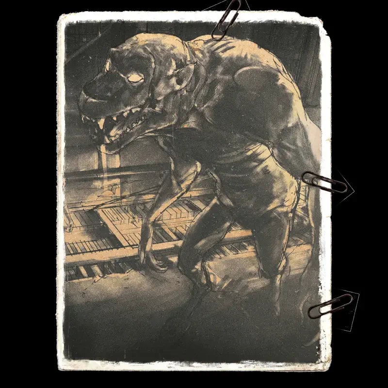 A dark, eerie illustration featuring a monstrous creature with a grotesque body and fierce expression, inspired by the video game HPL: Nyarlathotep Rising.