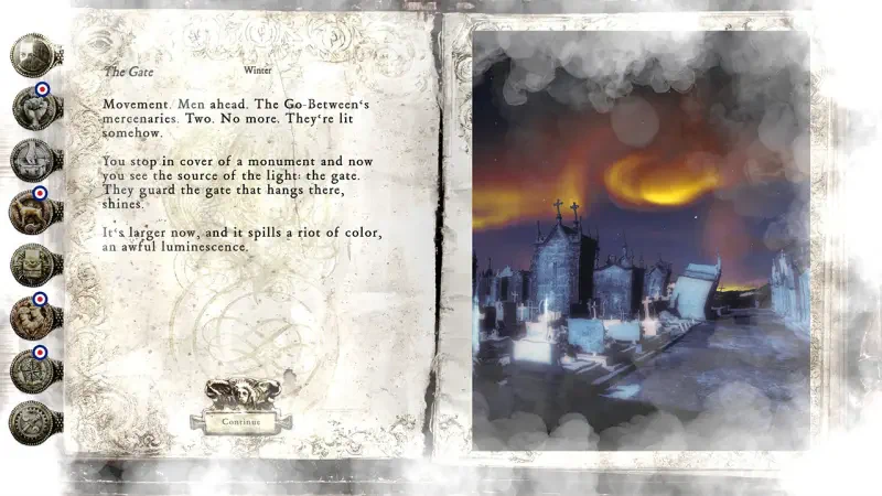 A scene from the video game HPL: Nyarlathotep Rising, featuring a mysterious landscape under a colorful, eerie sky, alongside game text describing the ominous setting and movement ahead.