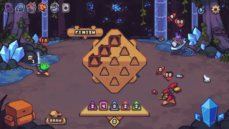 A vibrant scene from the video game Die in the Dungeon, featuring colorful characters and a triangular puzzle layout set in a magical underground environment.