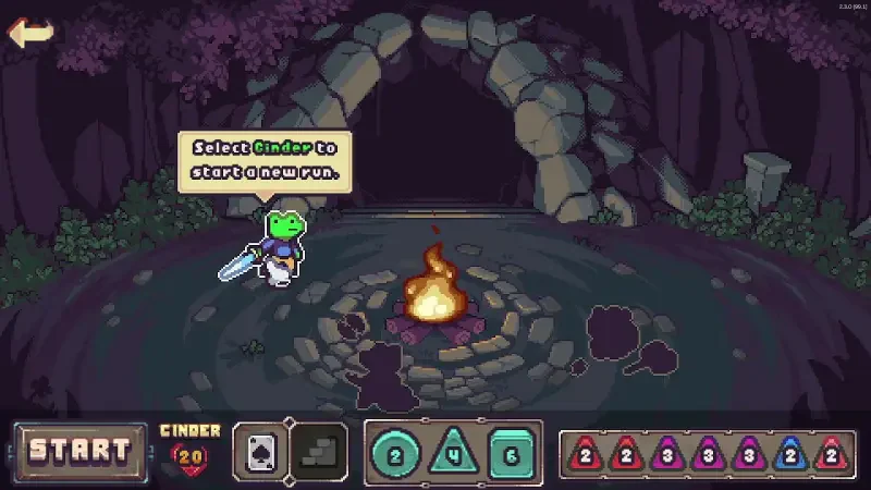 A character named Cinder stands by a campfire, preparing to start a new run in the video game Die in the Dungeon, set in a dark, forested environment.