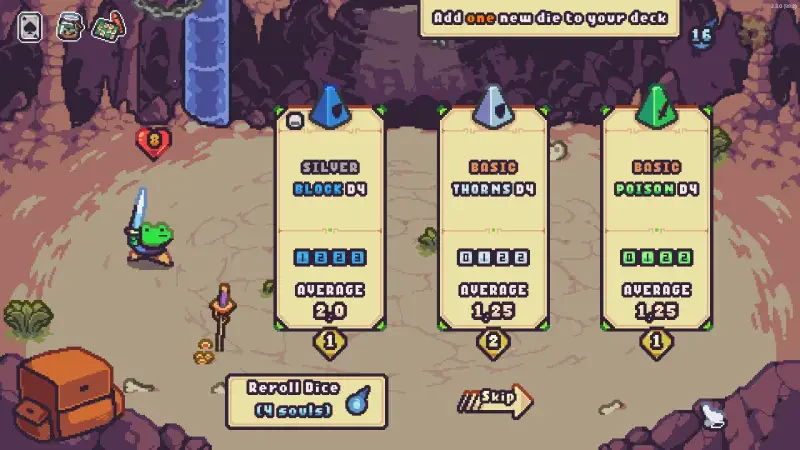 A game scene from Die in the Dungeon, showcasing character stats and options for adding new dice to the deck, set in a colorful dungeon environment.