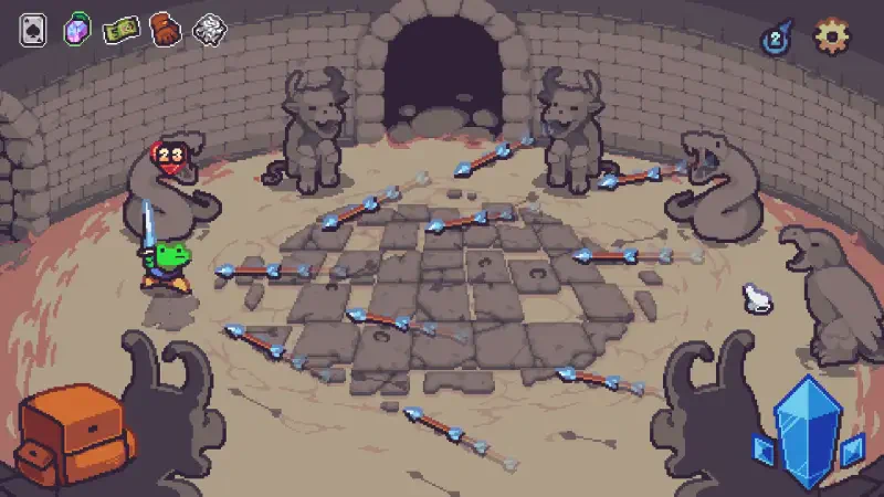 A scene from the video game Die in the Dungeon features a character navigating a treacherous area surrounded by statues and scattered arrows on the floor.