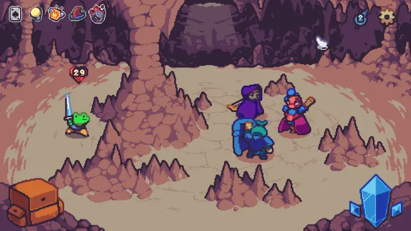 A colorful scene from the video game Die in the Dungeon, featuring characters navigating a cave with stalagmites, with a sword-wielding hero and two mysterious figures.