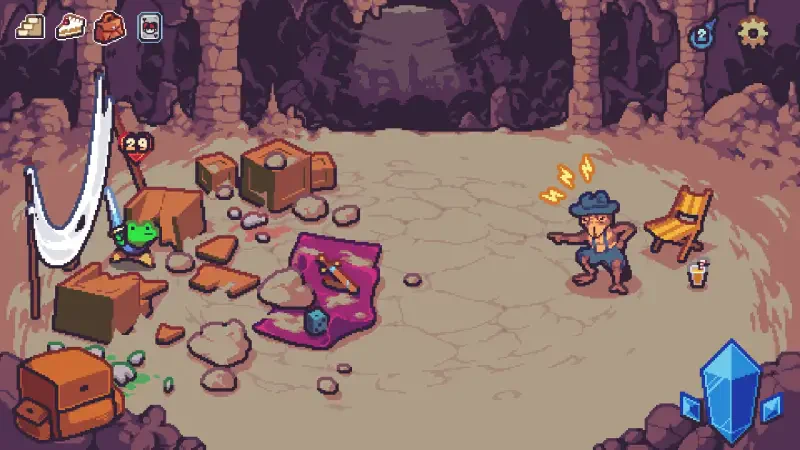 A scene from the video game Die in the Dungeon, featuring a character in a cave, surrounded by rocks and scattered objects, with a vibrant, cartoonish art style.