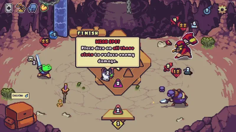 A dungeon scene from the video game Die in the Dungeon, featuring characters engaged in an action-packed battle, with a message prompting players to strategize to reduce damage.