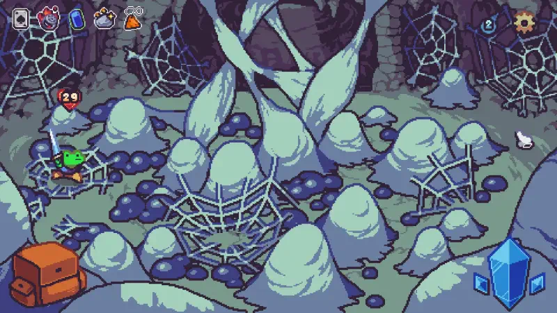 A colorful dungeon scene from the video game Die in the Dungeon, featuring spider webs, strange mounds, and a character navigating a spooky environment.
