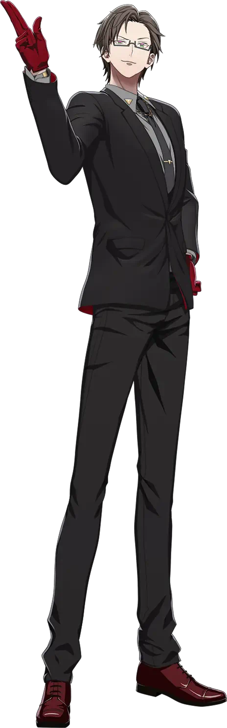 A character in a sleek black suit with red accents and gloves strikes a confident pose, embodying the vibrant style of the anime Hypnosis Mic - Division Rap Battle.