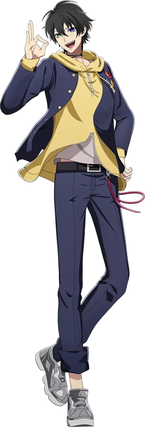 A stylish character from the anime Hypnosis Mic - Division Rap Battle, posing playfully in a casual outfit with a yellow hoodie and dark pants, showcasing a confident expression.