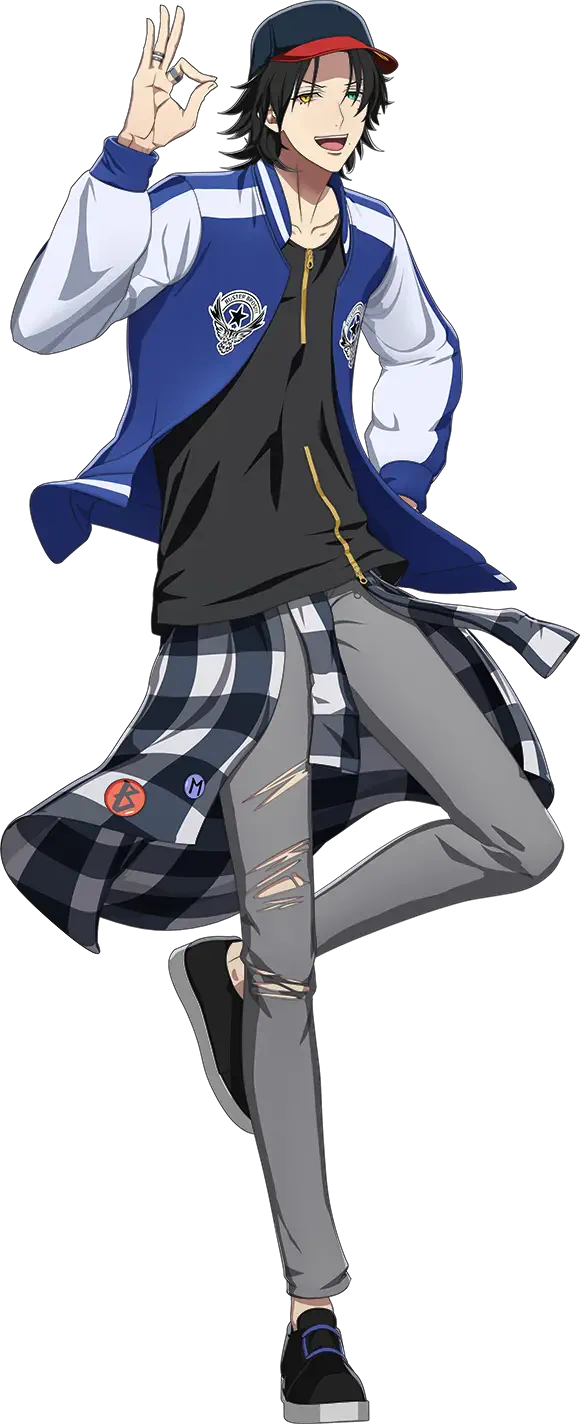 A confident character from the anime Hypnosis Mic - Division Rap Battle strikes a playful pose, wearing a blue jacket, black tee, and casual pants, adding a trendy flair.