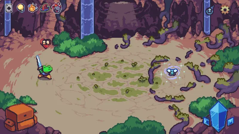 A vibrant scene from the video game Die in the Dungeon, featuring a character with a sword in a lush, dungeon-like environment surrounded by plants and hidden treasures.