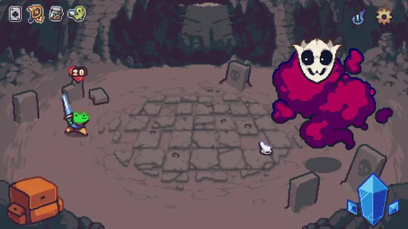 A scene from the video game Die in the Dungeon, featuring a green character with a sword facing a large, purple, ghostly enemy in a dungeon setting.