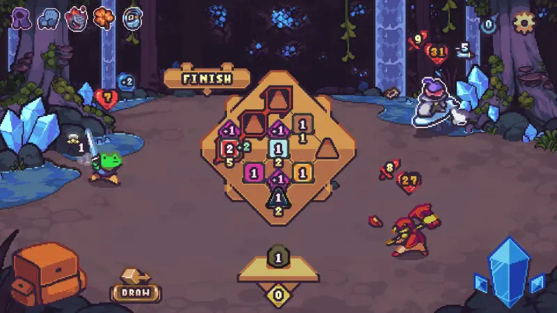 A scene from the video game Die in the Dungeon, showcasing a strategic gameplay interface with various icons, characters, and a vibrant dungeon backdrop.