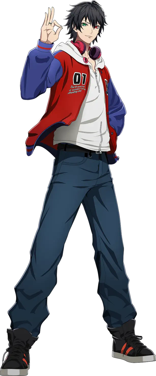 Anime character from Hypnosis Mic - Division Rap Battle, posing confidently in a red jacket with headphones, jeans, and sneakers, giving a playful hand gesture.