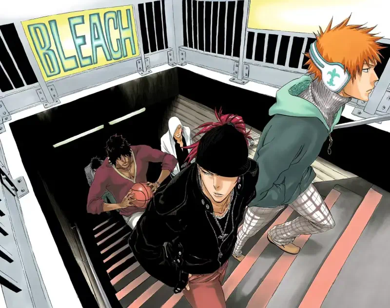 Three Bleach characters—orange-haired youth with headphones and two others—ascend a stairwell beneath a lit BLEACH sign; one companion holds a basketball.