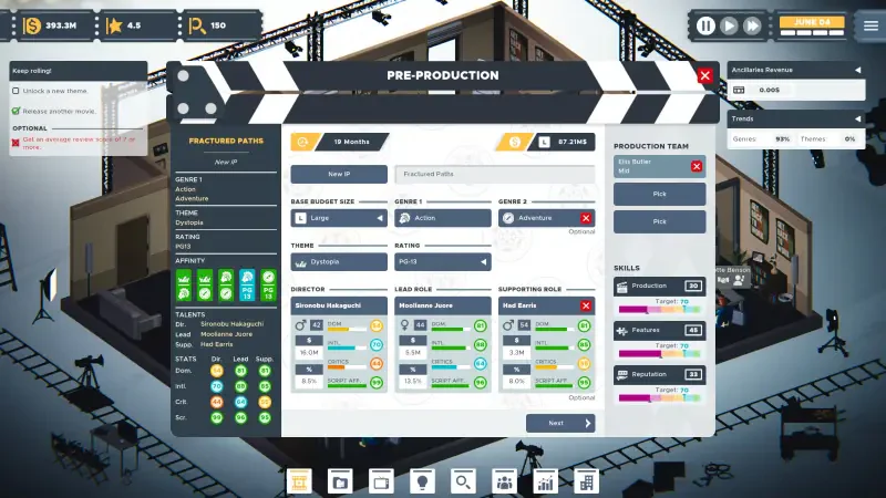 A screenshot from the video game The Executive - Movie Industry Tycoon, showcasing the pre-production interface with options for managing film projects and resources.