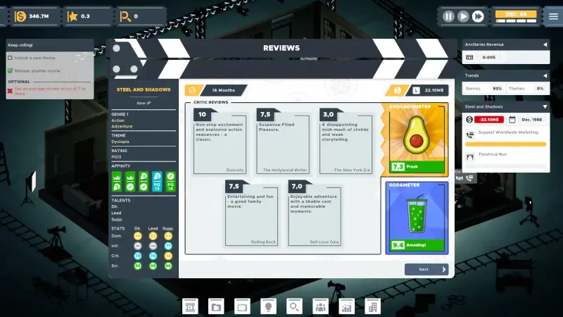 A screen from the video game The Executive - Movie Industry Tycoon, showcasing reviews and ratings for films, with interactive elements highlighting game mechanics.