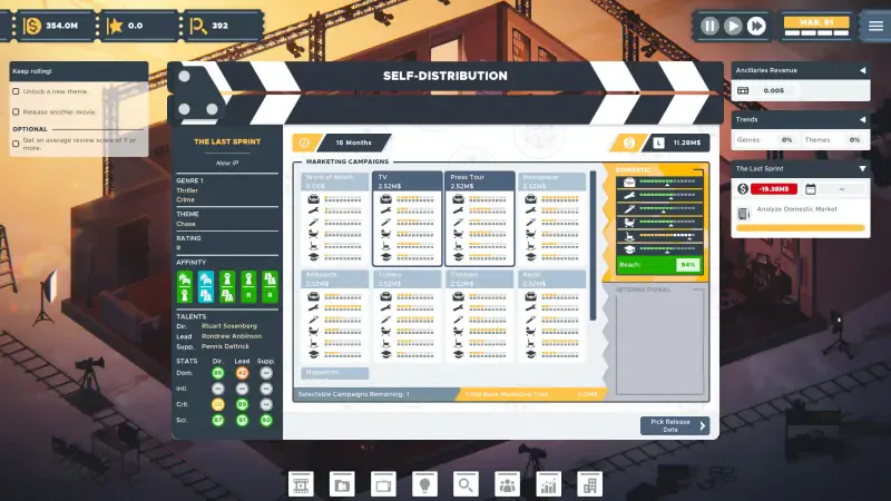 A screenshot from The Executive - Movie Industry Tycoon, showcasing the self-distribution interface, featuring metrics, options, and a film production layout.