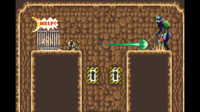 A scene from the video game Ninja Five-O, featuring a character trying to rescue someone from a cage while avoiding an enemy attack with a green energy beam.