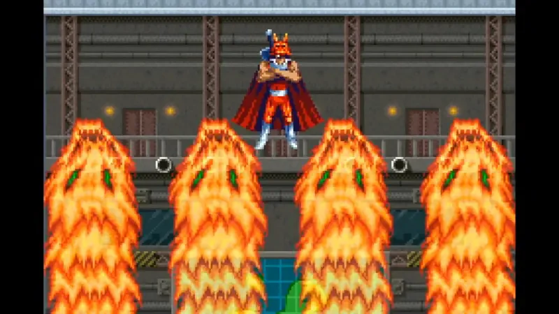 A character in a vibrant costume stands triumphantly in front of towering flames in the video game Ninja Five-O, showcasing action-packed gameplay and colorful graphics.