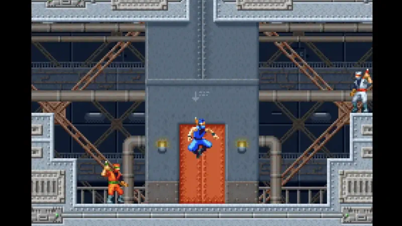 A scene from the video game Ninja Five-O, featuring a ninja character in blue mid-jump, while an orange and a white character flank either side of a large door.