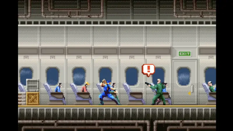A scene from the video game Ninja Five-O, featuring a blue-clad ninja engaging in combat with a green-clad enemy inside an aircraft, with passengers visible in the background.