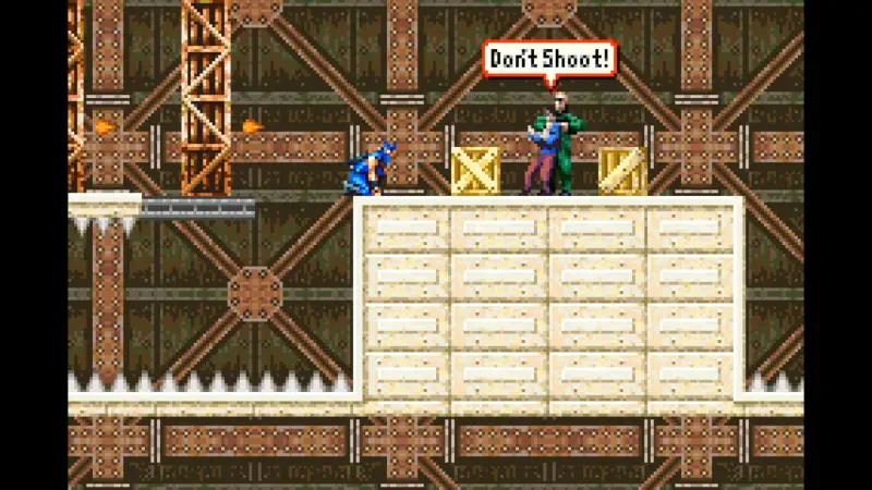 A scene from the video game Ninja Five-O, featuring a blue-clad ninja character and an armed enemy atop a platform, with a warning sign stating Don't Shoot!