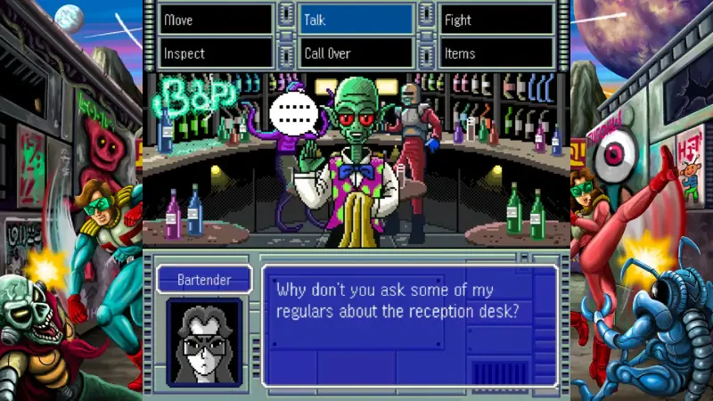 A scene from the video game OMEGA 6: The Triangle Stars features an alien bartender interacting with a character, surrounded by colorful drinks and characters in a lively bar setting.