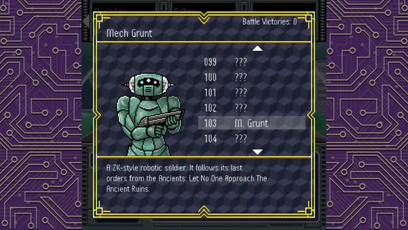 A character from the video game OMEGA 6: The Triangle Stars displays a Mech Grunt, a robotic soldier following ancient orders, amidst a circuit-patterned background.