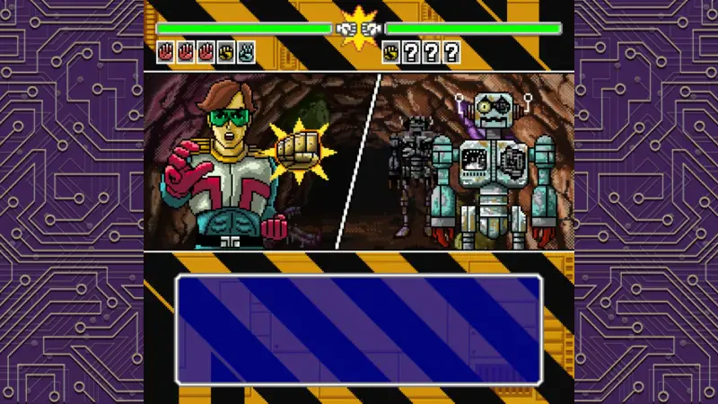A scene from the video game OMEGA 6 The Triangle Stars, featuring a character with sunglasses holding a glowing weapon, facing off against robotic enemies in a dynamic setting.