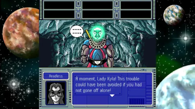 A scene from the video game OMEGA 6 The Triangle Stars featuring a character with a glowing head and dialogue about a troublesome situation with Lady Kyla, set against a cosmic backdrop.