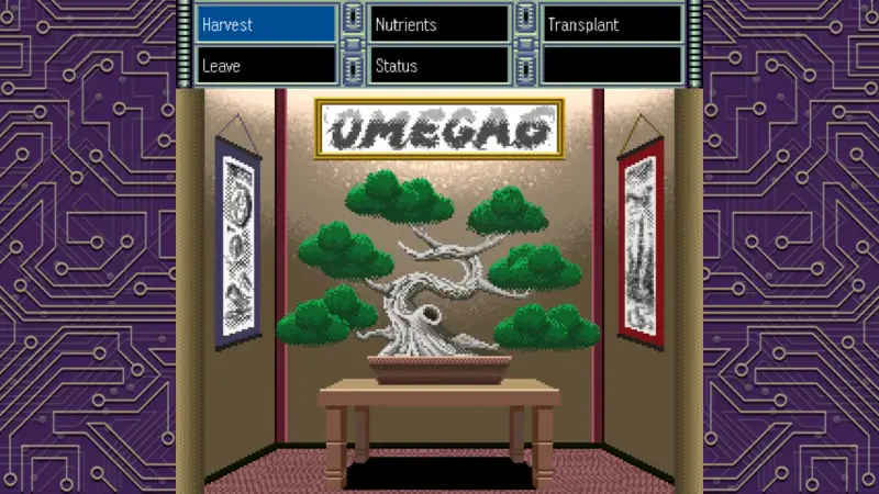 A scene from the video game OMEGA 6 The Triangle Stars, featuring a stylized bonsai tree displayed on a table, surrounded by decorative artwork and a digital interface.