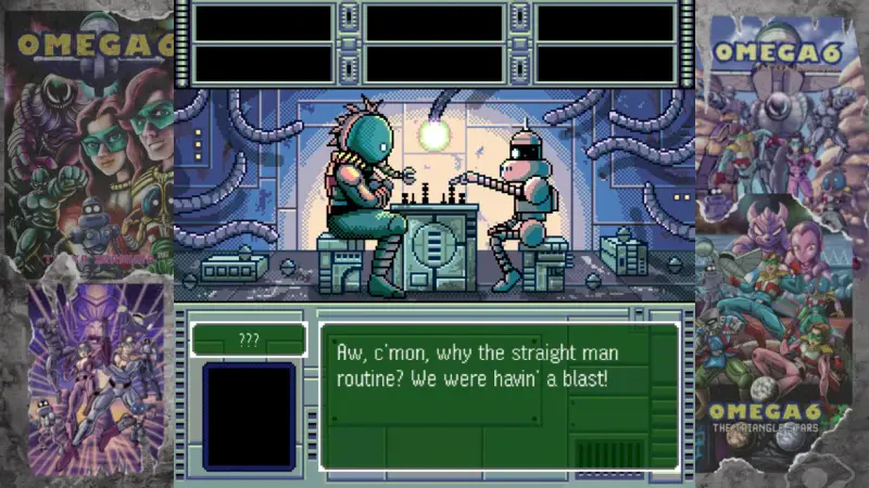 Two robotic characters engage in a humorous conversation over a game of chess in the vibrant world of OMEGA 6: The Triangle Stars, surrounded by sci-fi elements.
