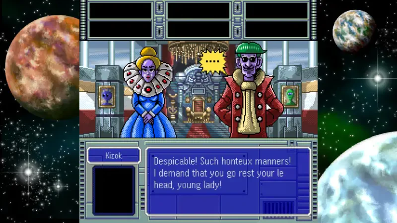 A scene from the video game OMEGA 6 The Triangle Stars, featuring two characters in a colorful dialogue, set against a cosmic background with planets.