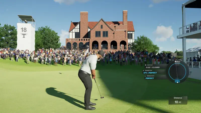 A golfer prepares to putt on the 18th hole in PGA TOUR 2K25, surrounded by a large crowd and a historic clubhouse in the background.