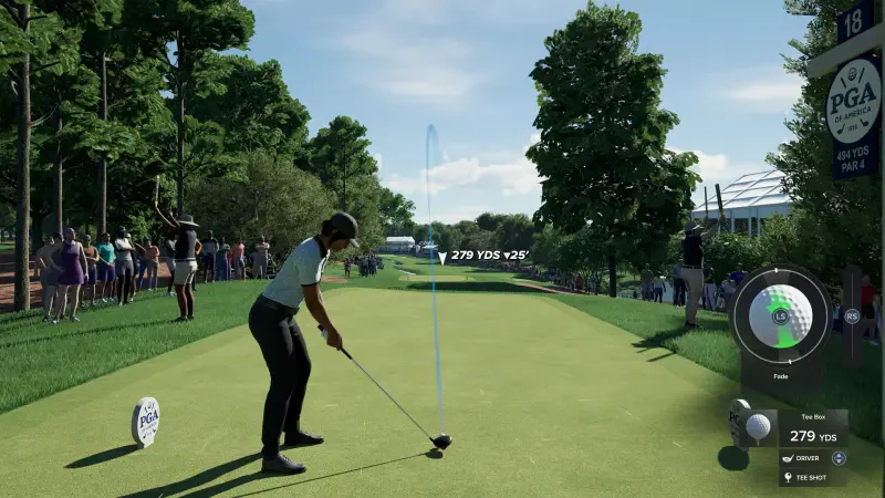 A golfer prepares to tee off in PGA TOUR 2K25, with spectators in the background and a clear sky, showcasing an immersive gaming experience in vibrant detail.