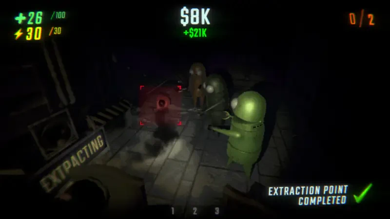 A dark, intense scene from the video game R.E.P.O., featuring green characters targeting an object with a red laser sight. A scoreboard displays $8K in earnings and an extraction point message.