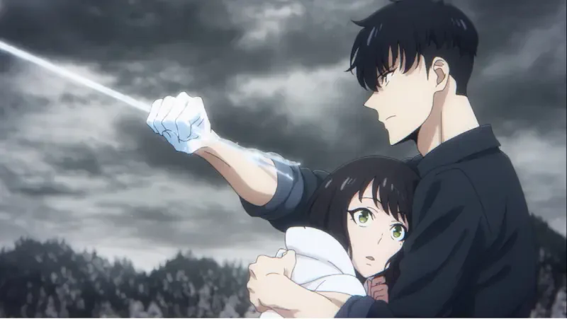 Scene from Solo Leveling showing a protective moment between two characters under a stormy sky, tagged SolemIrmãos(a).