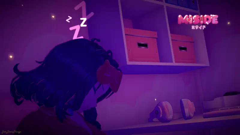 A character named Mita from MiSide is shown sleeping peacefully in a dimly lit room with shelves and storage boxes, accompanied by Sleepy Head zzz symbols.