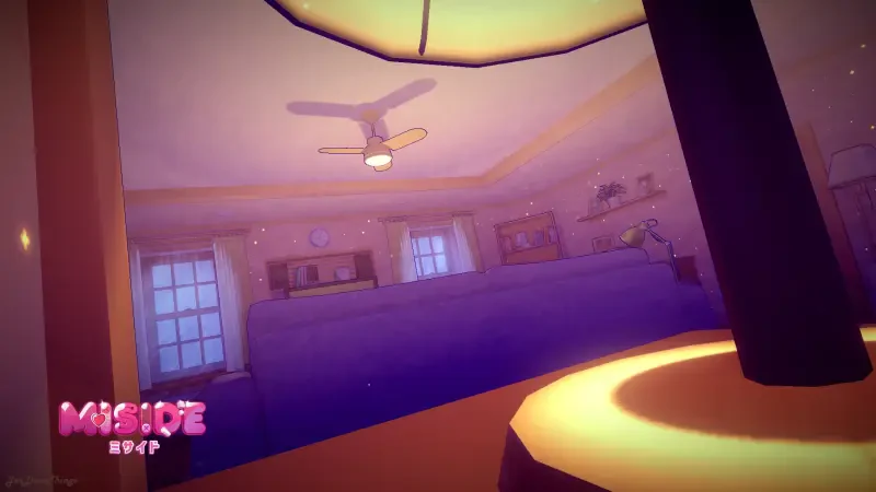 MiSide Sleepy Head Mita: low-angle view from a glowing bedside lamp into a purple-lit bedroom with a bed, ceiling fan and window.