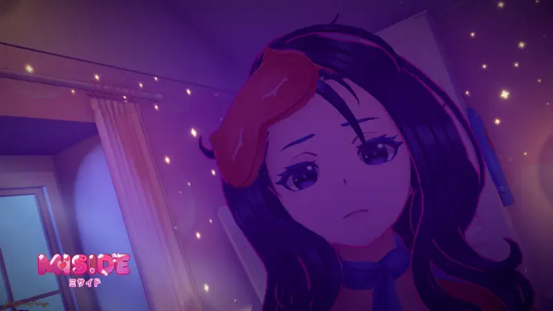 MiSide illustration Sleepy Head — Mita, a sleepy girl with a red sleep mask pushed up on her forehead, soft purple glow and string lights in a cozy bedroom, MiSide logo in the corner.