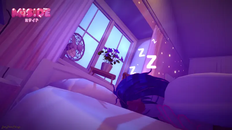 MiSide Sleepy Head Mita curled on a purple-lit bed with Zzz symbols above, a potted plant on the windowsill and soft curtains framing a nighttime sky.