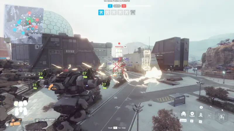 A dynamic scene from the video game War Robots: Frontiers, showcasing intense combat with giant robots in a futuristic urban environment. Explosions and strategic gameplay elements are visible.