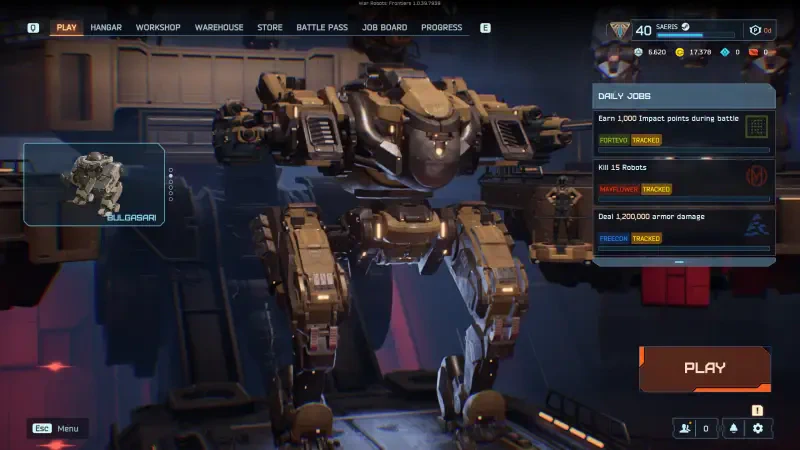 A robot mech stands ready in the game War Robots: Frontiers, displaying stats and gameplay options on the screen in a futuristic environment.