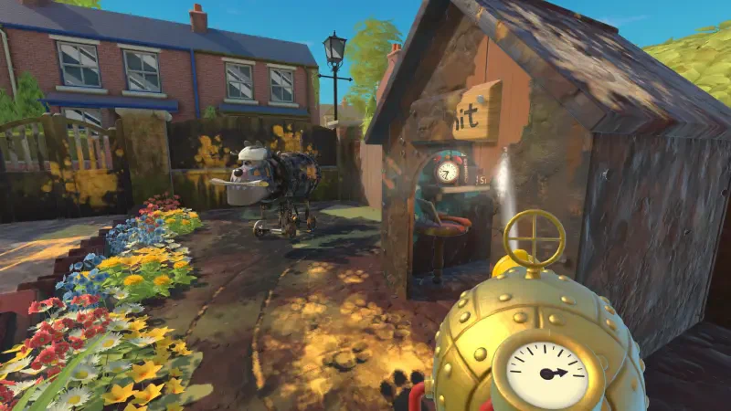 A colorful scene from PowerWash Simulator featuring Wallace and Gromit, with a pressure washer aimed at a charming shed in a vibrant garden setting.